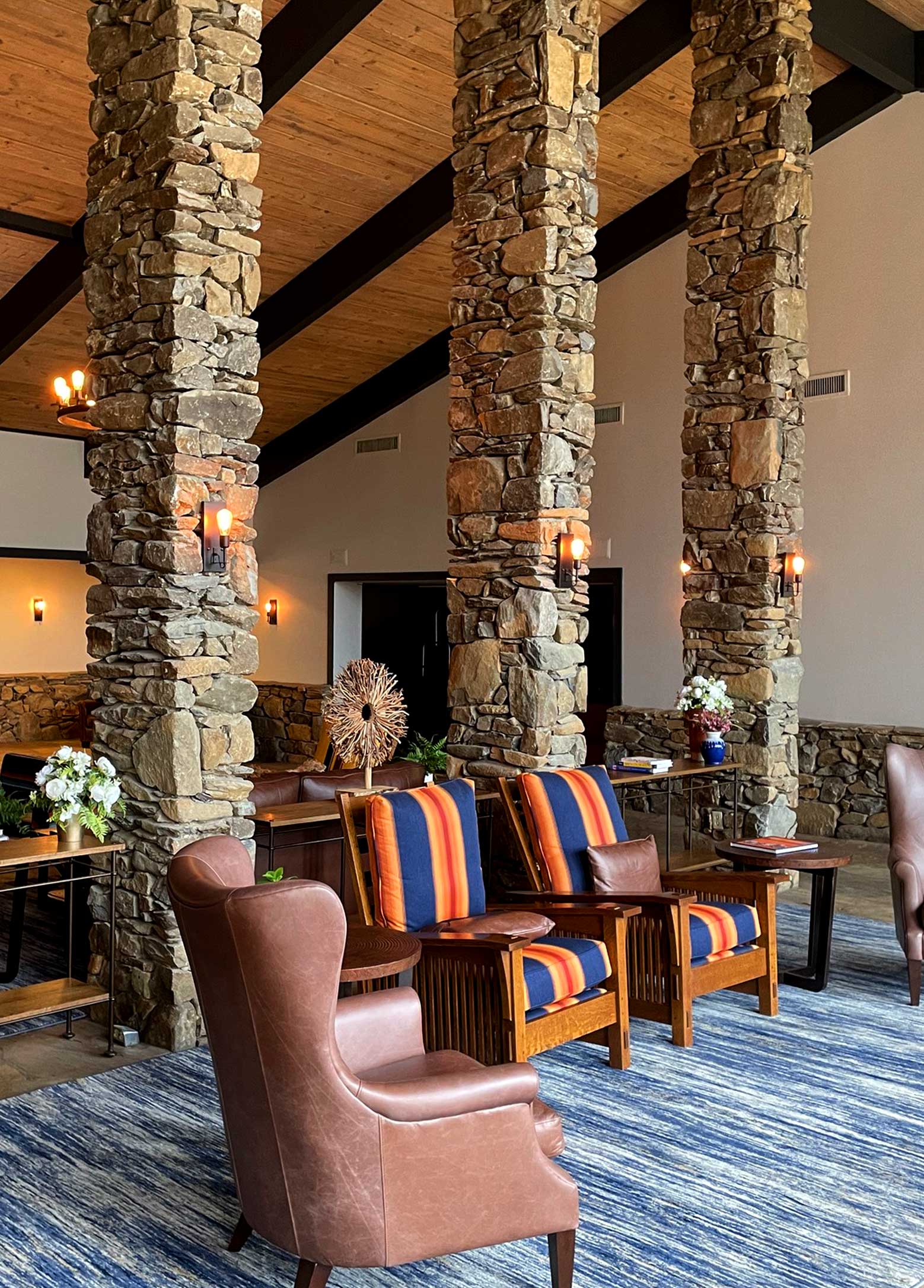 Finished hospitality lobby with substantial architectural materials