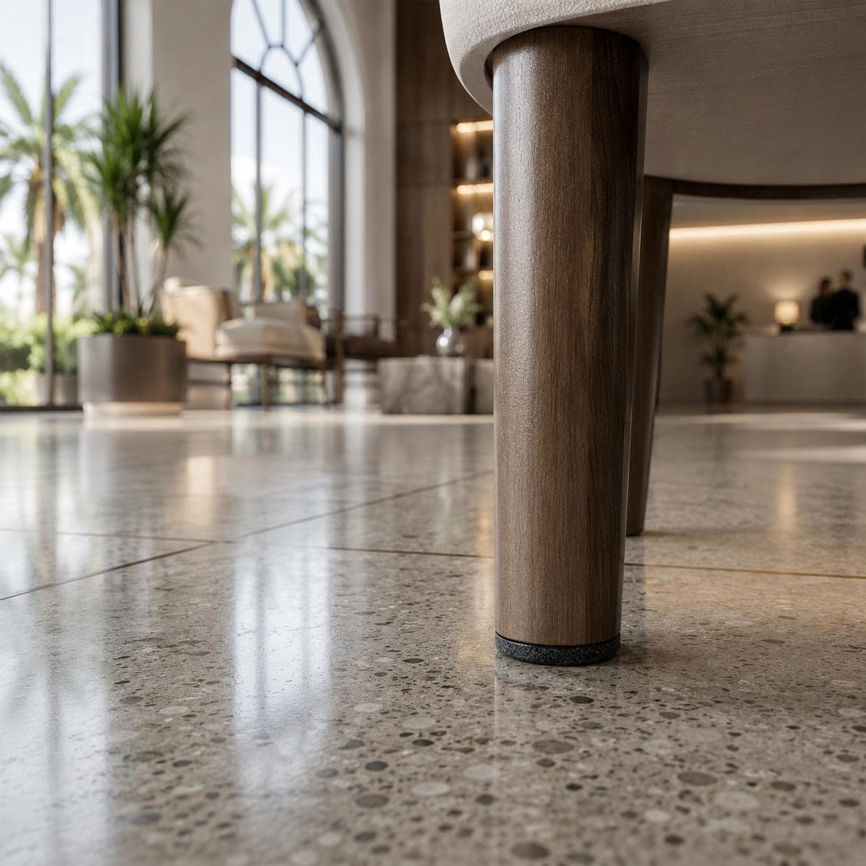 Furniture glide protecting a polished hard floor beneath a hospitality lobby chair leg