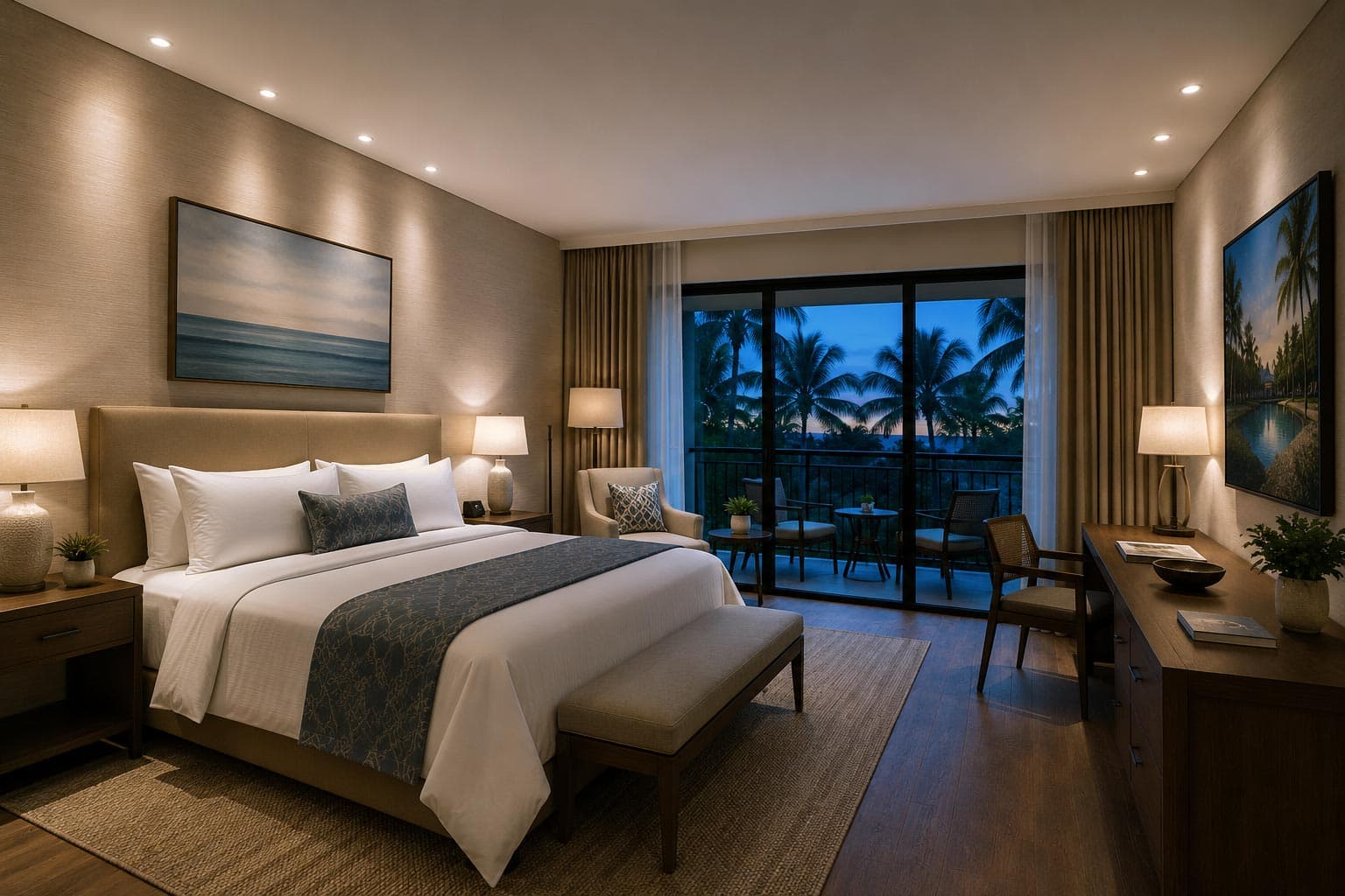 Hospitality guest suite lit with recessed LED canless downlights