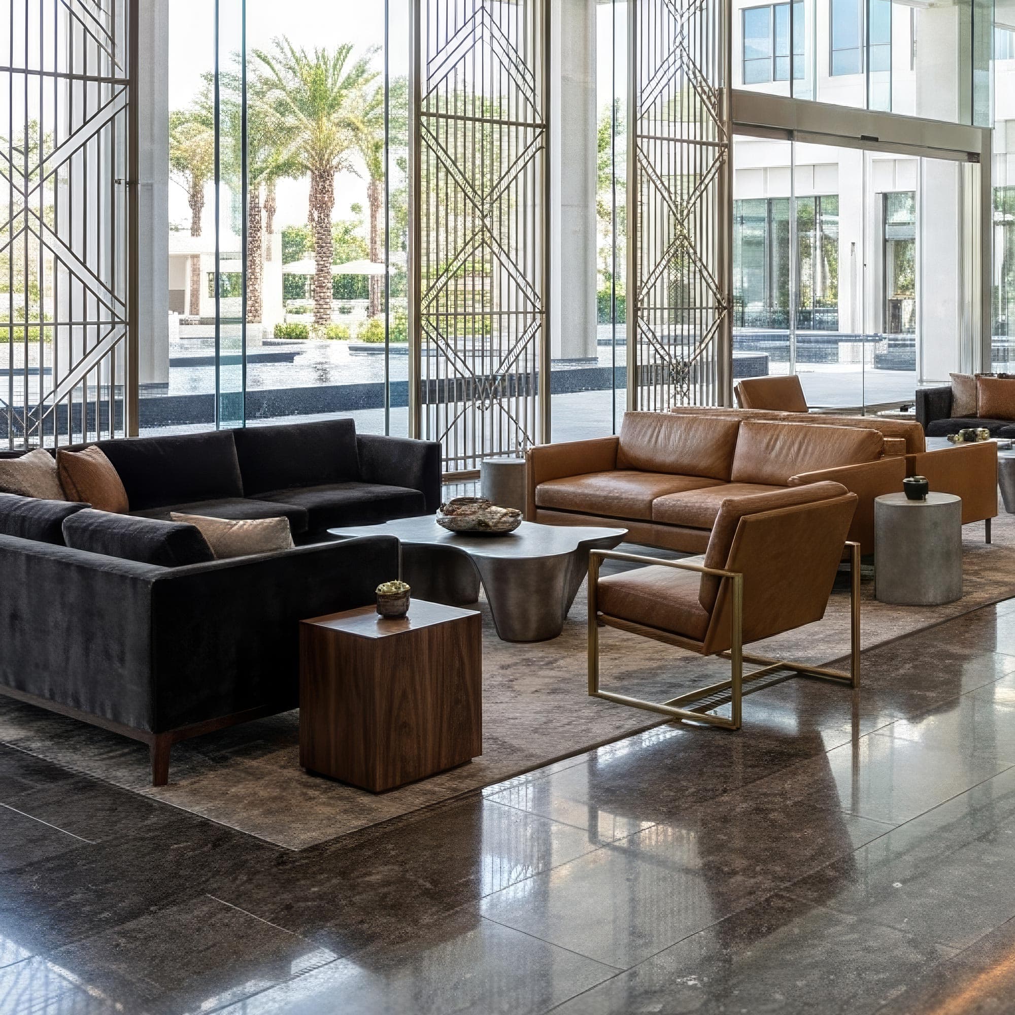 Furniture glide protecting a hard floor in a hospitality lobby